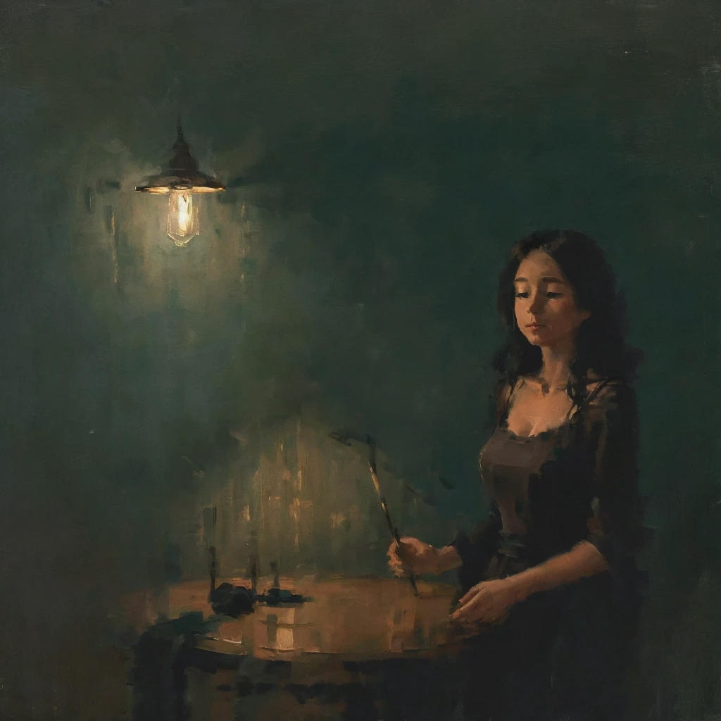 A painting of a Black woman standing in a dimly lit room with a dark green background, wearing a dark teal dress. She is striking a relaxed pose with her eyes closed, holding a cigarette in one hand. The brushstrokes are bold and intentionally rough, embodying a "heta-uma" (naïve but skillful) style, giving the artwork an expressive, raw feel. A lamp and a clock on a wooden table are visible in the background, adding to the moody, dark-toned atmosphere. The woman's figure stands out against the subdued colors, creating a striking contrast.