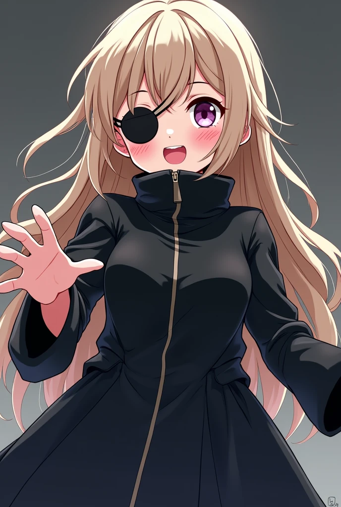 a cartoon image of a woman in boots, vector art by Ei-Q, pixiv, shin hanga, full_body!!, !!full body portrait!!, full body!!, anime moe artstyle, gapmoe yandere grimdark, full body!, anime vtuber full body model　beige hair with an eyepatch 　black coat with front zipper closed, long hair　　Left hand out in front