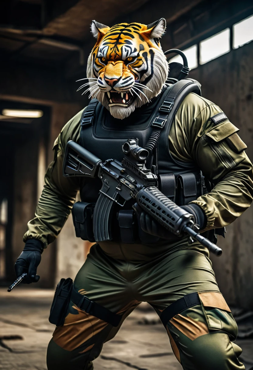 (a dark-skinned bearded fat muscular old man in a skintight army camouflage zipper diver suit) carrying an AK-47, (wearing a small-sized realistic roaring tiger mask), dynamic action pose, fierce expression, showcasing an imposing stature, surrounded by military elements, dramatic shadows and intense highlights, cinematic color tones, high detail, powerful, art influenced by Bruce Onobrakpeya and Stanley Artgerm, ultra-detailed, best quality image, action-packed atmosphere.