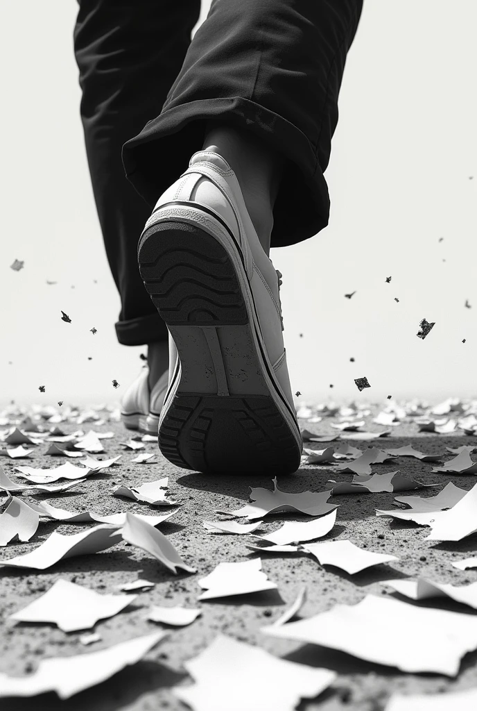Close view of a man foot walking away, inked white paper teared and destroyed in ground