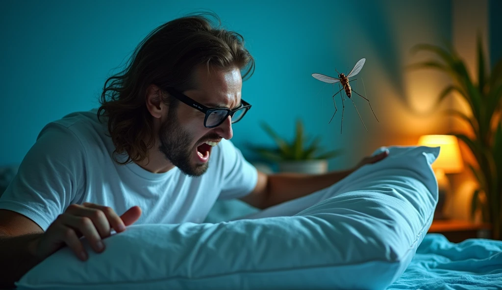 A captivating photograph showcasing a furious guy with long, wavy brown hair and glasses caught in the midst of a mosquito battle in his bedroom at night. He is aggressively swinging his pillow towards the mosquito with fury. The guy is wearing a white t-shirt and has a angry furious look on his face. The mosquito is perched on the wall, buzzing annoyingly as the guy swings his pillow in an attempt to swat it. The room is filled with a variety of bright colors, from the blue bedsheet to the green plants, creating a vivid and lively atmosphere., photo, cinematic