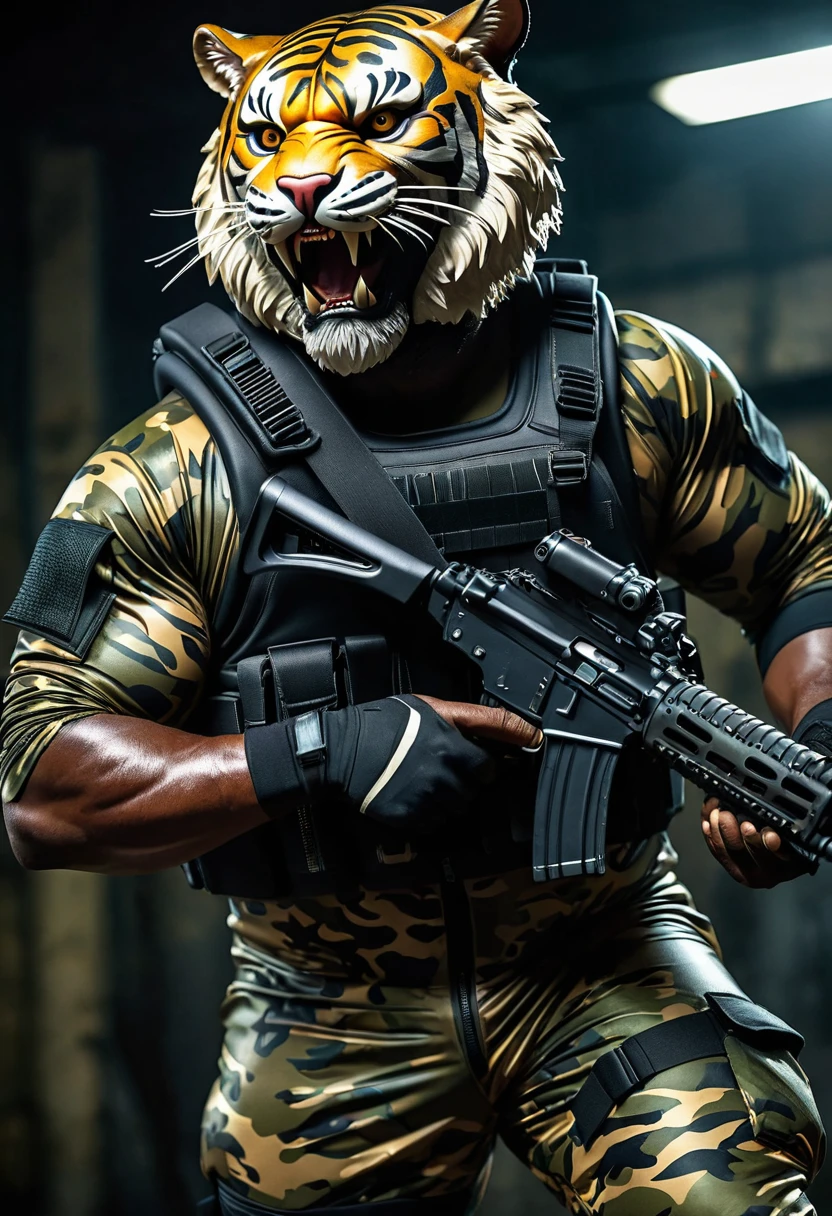 (a dark-skinned bearded fat muscular old man in a skintight army camouflage zipper diver suit) carrying an AK-47, (wearing a small-sized realistic roaring tiger mask), dynamic action pose, fierce expression, showcasing an imposing stature, surrounded by military elements, dramatic shadows and intense highlights, cinematic color tones, high detail, powerful, art influenced by Bruce Onobrakpeya and Stanley Artgerm, ultra-detailed, best quality image, action-packed atmosphere.