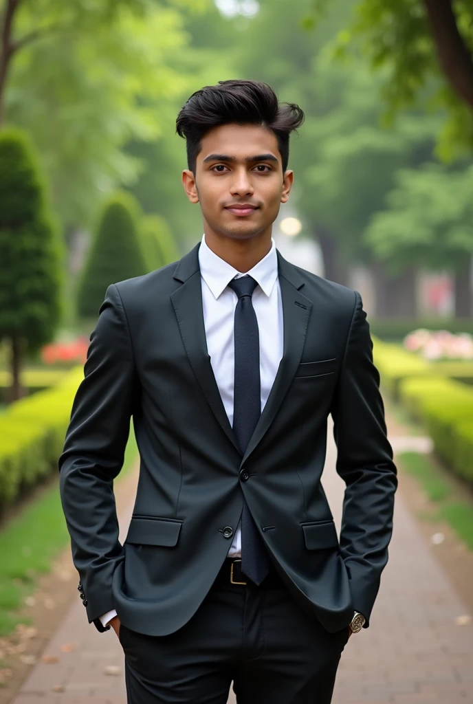 17 year old Indian boy handsome wearing formals posing for Nadeem beautiful park in background
