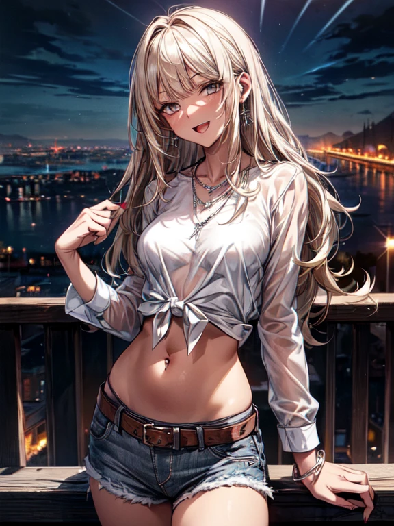 ((masterpiece, Highest quality, Very detailed)),
One girl, 20 years old, gyaru, gal-style makeup, BREAK ((brown skin:1.3)), ((tanned skin:1,3)), ((blonde)), Long Hair, blunt bangs, wavy Hair, BREAK ((grey eyes:1.3)), ((slant eyes:1.3)),thick thighs, medium ,
((lots of pierced earrings, silver chain necklace, silver bracelet)), ((bare belly button,ly piercing)),
looking at viewer, cowboy shot,
smile, ((open mouth)),
random porn pose, EAK ((wide open white sheer
shirt)), ((white sheer long-sleeved shirt)), BREAK ((white croppedcamisole)), necklace, BREAK (blue denim shorts with a brown belt),
(beautiful scenery), (panoramic view:1.3), ultra-wide angle lens, ((Night City:1.3)), city, lanterns, street, (neon lights:1.1), starry sky overhead, (public:1.2),