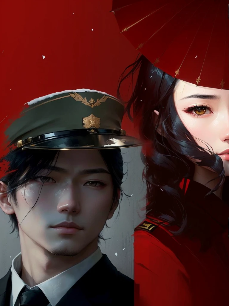 there is a woman in a uniform and a man in a suit, inspired by Yasutomo Oka, inspired by Yukihiko Yasuda, inspired by Oka Yasutomo, artwork in the style of guweiz, inspired by Tsukioka Yoshitoshi, hsiao-ron, japanese live-action movie, satoshi kon artstyle, fan art, a dramatic style involving snow and blood