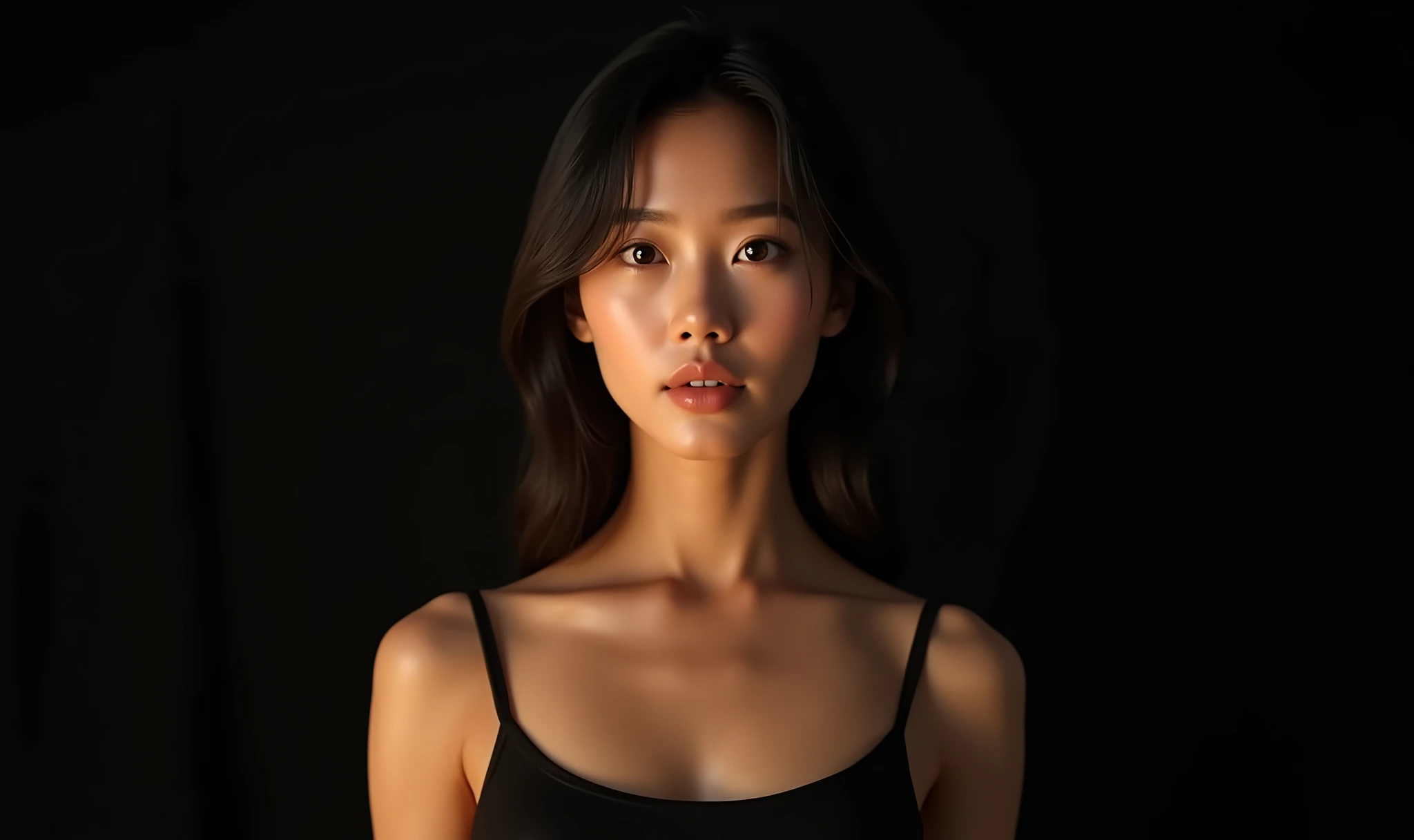 A strong, mature woman Best Quality, 8k, Masterpiece, (Portrait: 1.3), (photo realistic:1.4), (hyper realistic:1.4), Sharp Focus, looking at viewer, (smoother lighting:1.1), (increase cinematic lighting quality:0.9), realistic lighting, backlighting, light on face, ray trace, (brightening light:1.2), (Increase quality:1.4), sharp detail, (best quality real texture skin:1.4), finely detailed eyes, black_eyes, finely detailed face, 25 year old tanned Korean woman, camisole, void black back ground long neck My jaw isn't cracked