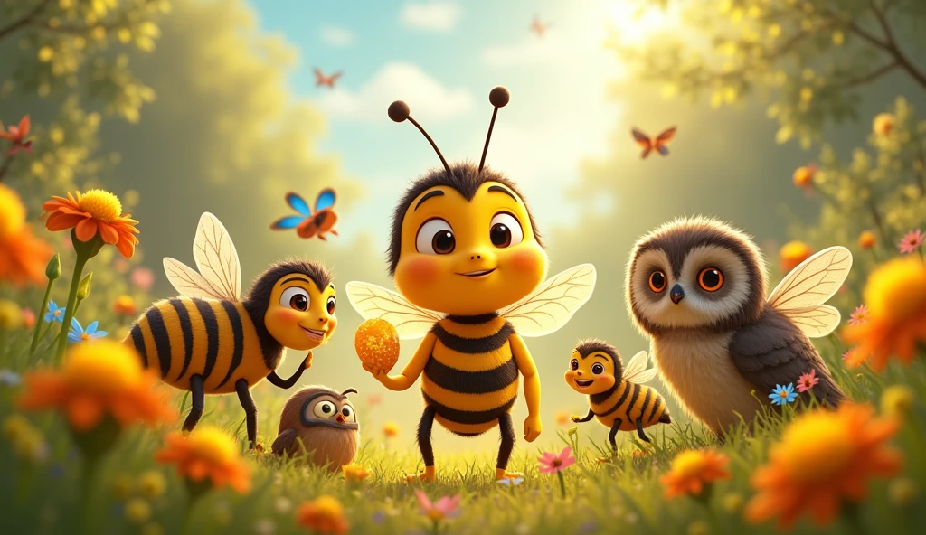 Create a vibrant and lively scene where the brave little bee gathers his friends to help recover the stolen honey. The image should feature the bee at the center, surrounded by a team of loyal allies: buzzing bees ready for action, fluttering butterflies with colorful wings, and a wise old owl perched nearby, offering guidance. The background should be a beautiful, sunlit meadow filled with blooming flowers and lush greenery, capturing the unity and teamwork of these diverse creatures as they prepare for their adventure.