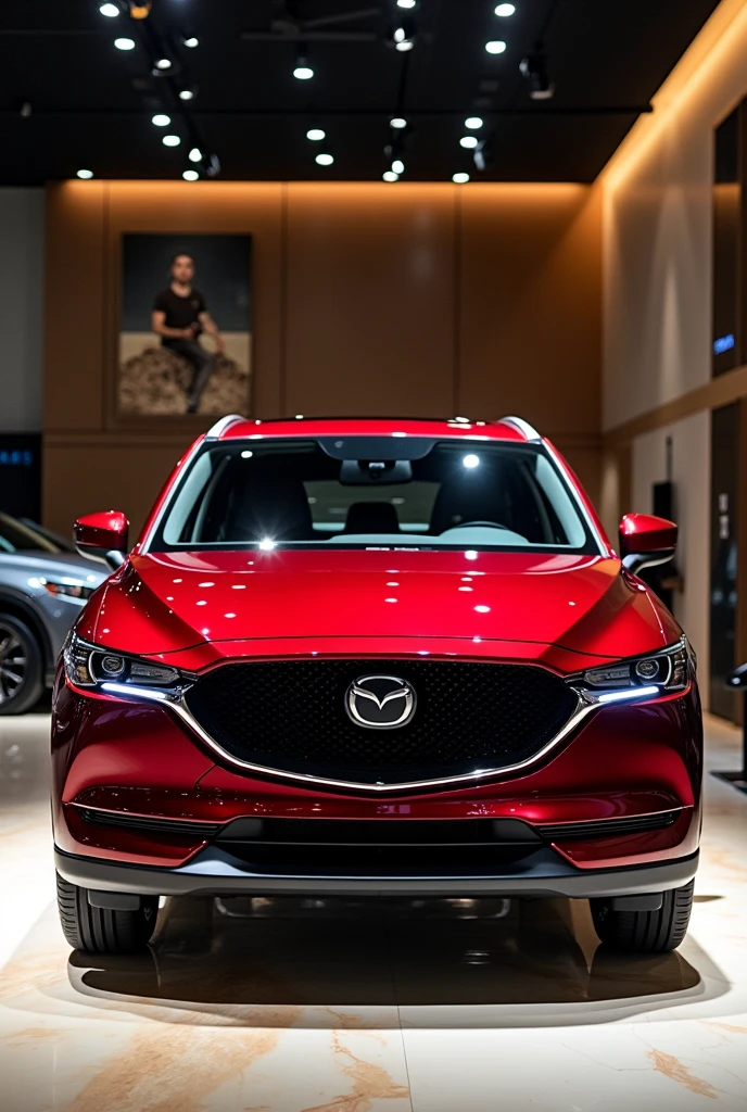 2025 Mazda CX-5 color red fornt side view in luxury showroom 
