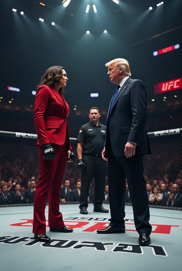 Crie uma luta em um ring de  UFC, entre kamala Harris e Donald Trump. e Elon musk e o juiz da luta 