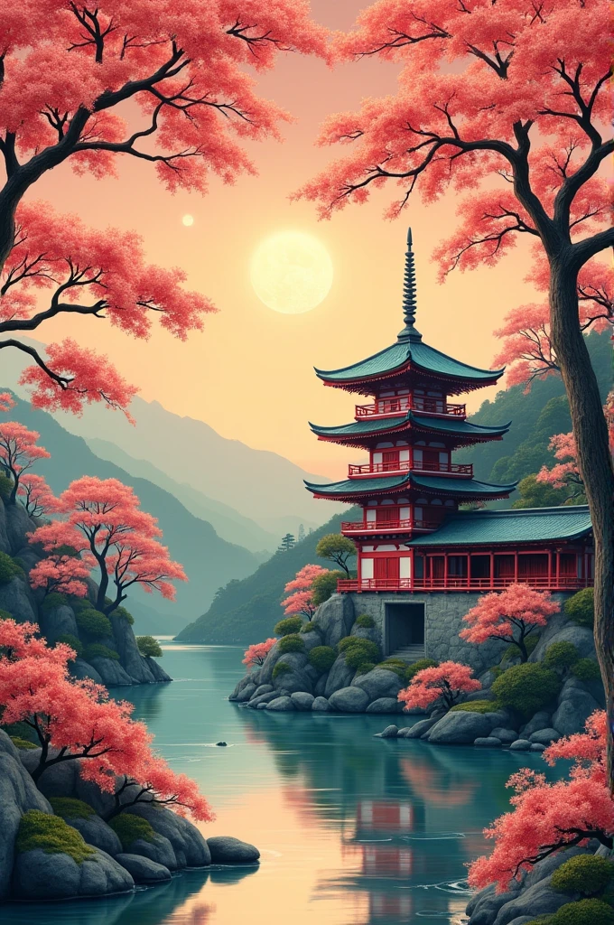 Japanischer Tempel (nach links zeigend) mit bollmond dahinter und Kirschblüten im Vordergrund des bildes