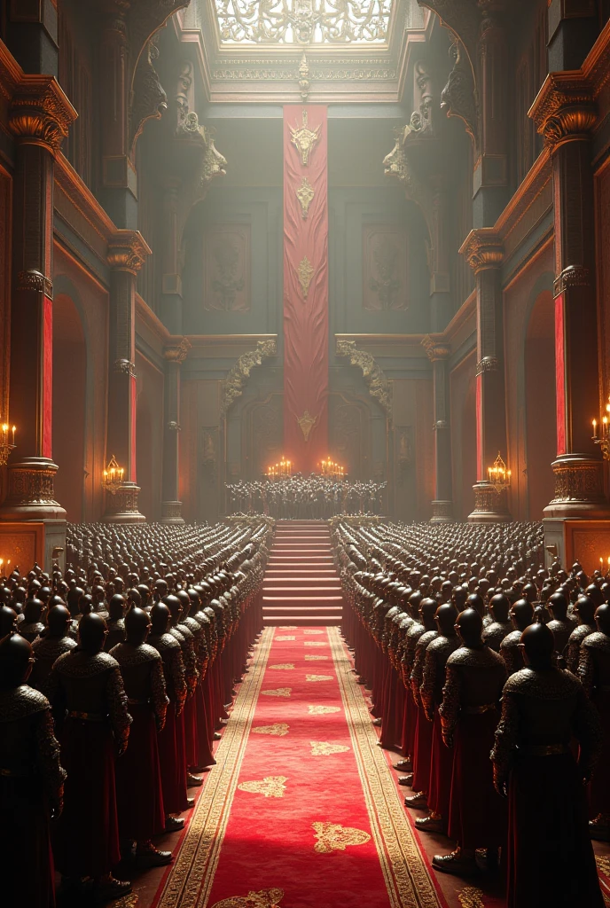arafed image of a large group of people in armor, huge armies, cinematic cgsociety, detailed cinematic render, exquisitely designed throne room, throne room, epic cinematic concept art, by John La Gatta, very detailed cinematic, decadent throne room, highly detailed cinematic, photorealistic cinematic render, epic battlescene, unreal engine fantasy art