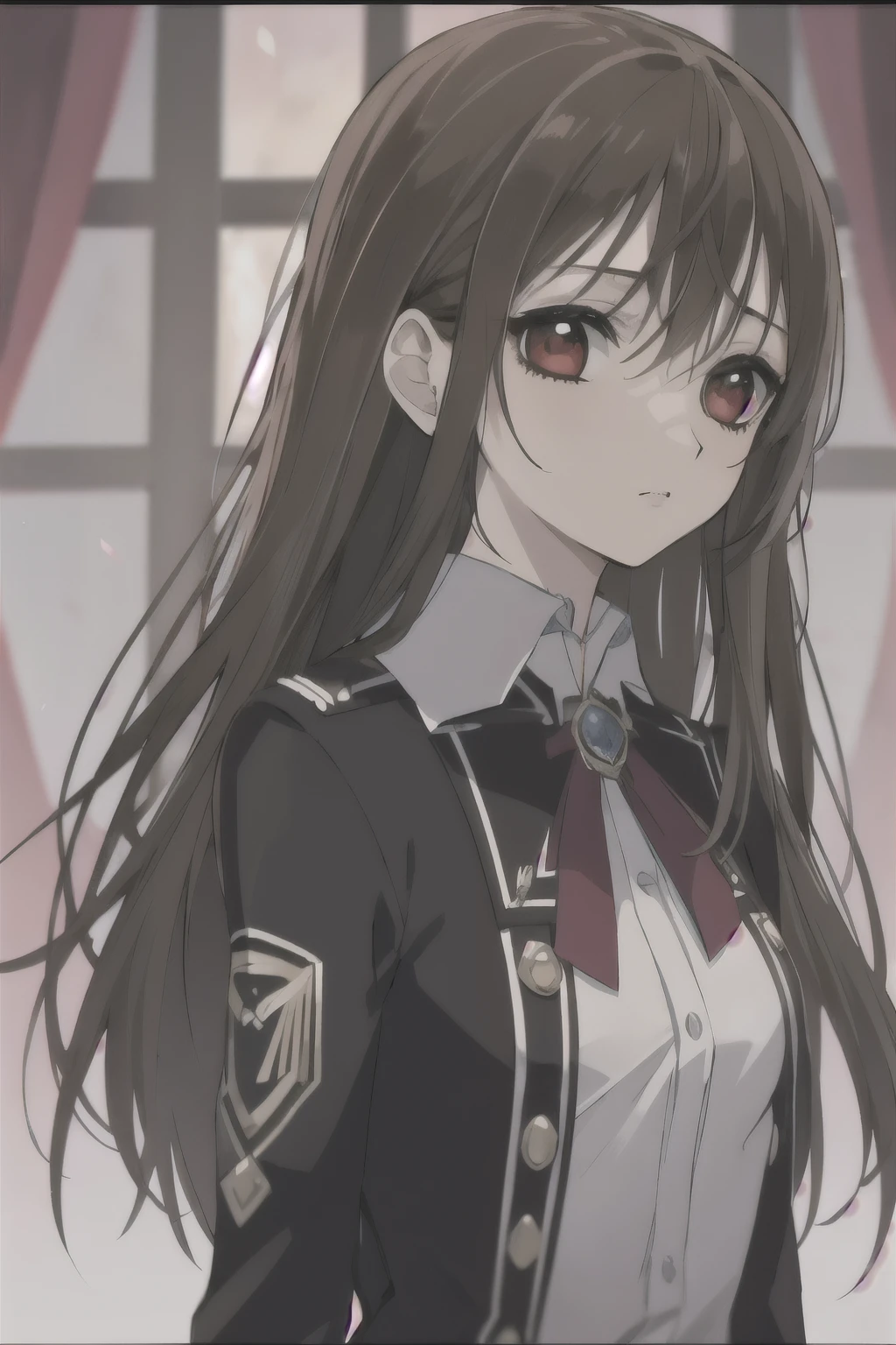 (absurdres, highres, ultra detailed, HDR), masterpiece, best quality, Yuki Cross, 1woman, solo, beautiful, (long brown hair), vibrant red eyes, finely eye and detailed face, window, red curtains, black uniform, vampire knight, arms behind back, solid crimson background,