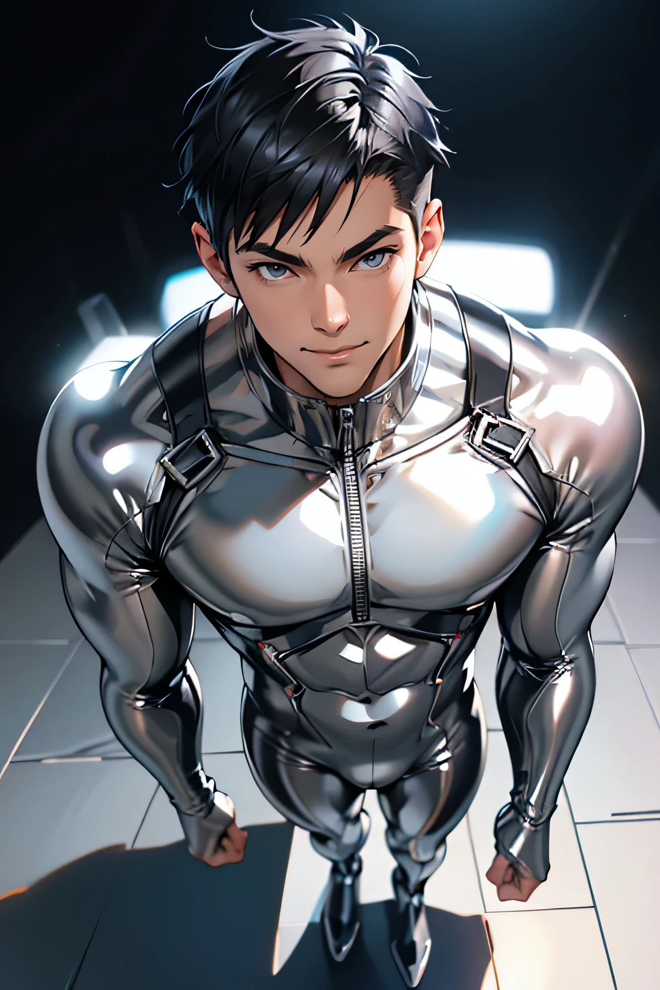 Handsome Japanese male models 18age smile Black Hair Short cut Short hair looking at the camera Shiny full-body silver suit Shiny silver latex suit Mega Bulge looking at the camera future world planet Face close-up Planet in the sunset