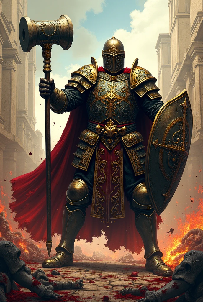 A highly detailed, colored illustration in a seinen manga style, depicting an elite guard of a city-state ruler during the Renaissance era. In a ruthless battle scene, the elite guard, a figure of towering strength, engages in brutal combat wielding war hammer in one hand shield in another. He wearing heavy decorated armour. There are dead everywhere. the scene full with blood and gore.