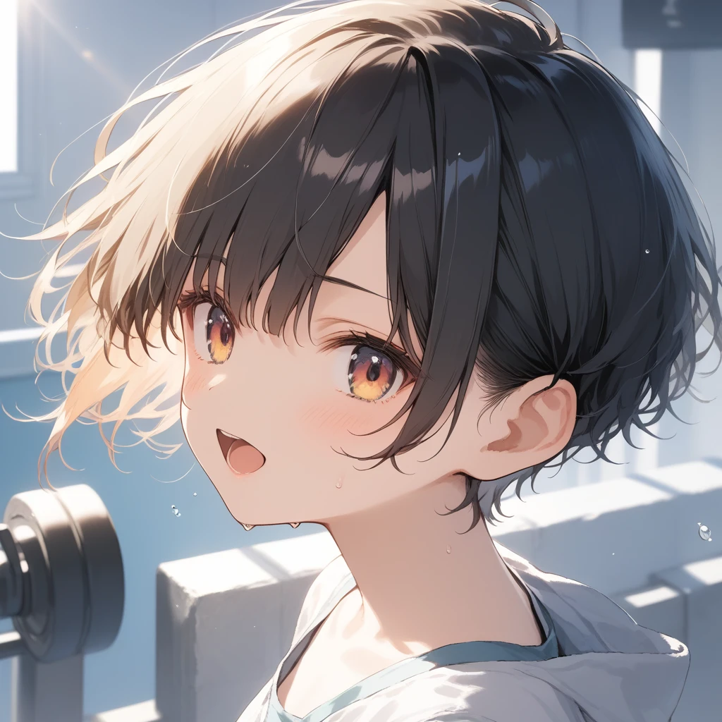 score_9, score_8_up, score_7_up, source_anime, best quality, masterpiece, official art, absurdres, highres, ultra-detailed,waifu2x,Collection: Slice of Life,break,1girl, short hair, pixie cut, flipped hair, small breasts, beautiful (well-shaped) breasts,beautiful detailed eyes, sweat, gym shorts, (wavy mouth:0.3), open mouth, outdoors, (Detailed Lighting), (Detailed background),break,(clear line illustration:1.2), super detailed skin,very high resolution, very aesthetic, Best sexual lighting powered by famous artist, 8k, 16k, cute picture,beauty illustration,photoshop_(medium),,(Detailed Lighting),best anime 8k konachan wallpaper, pixiv contest winner,
