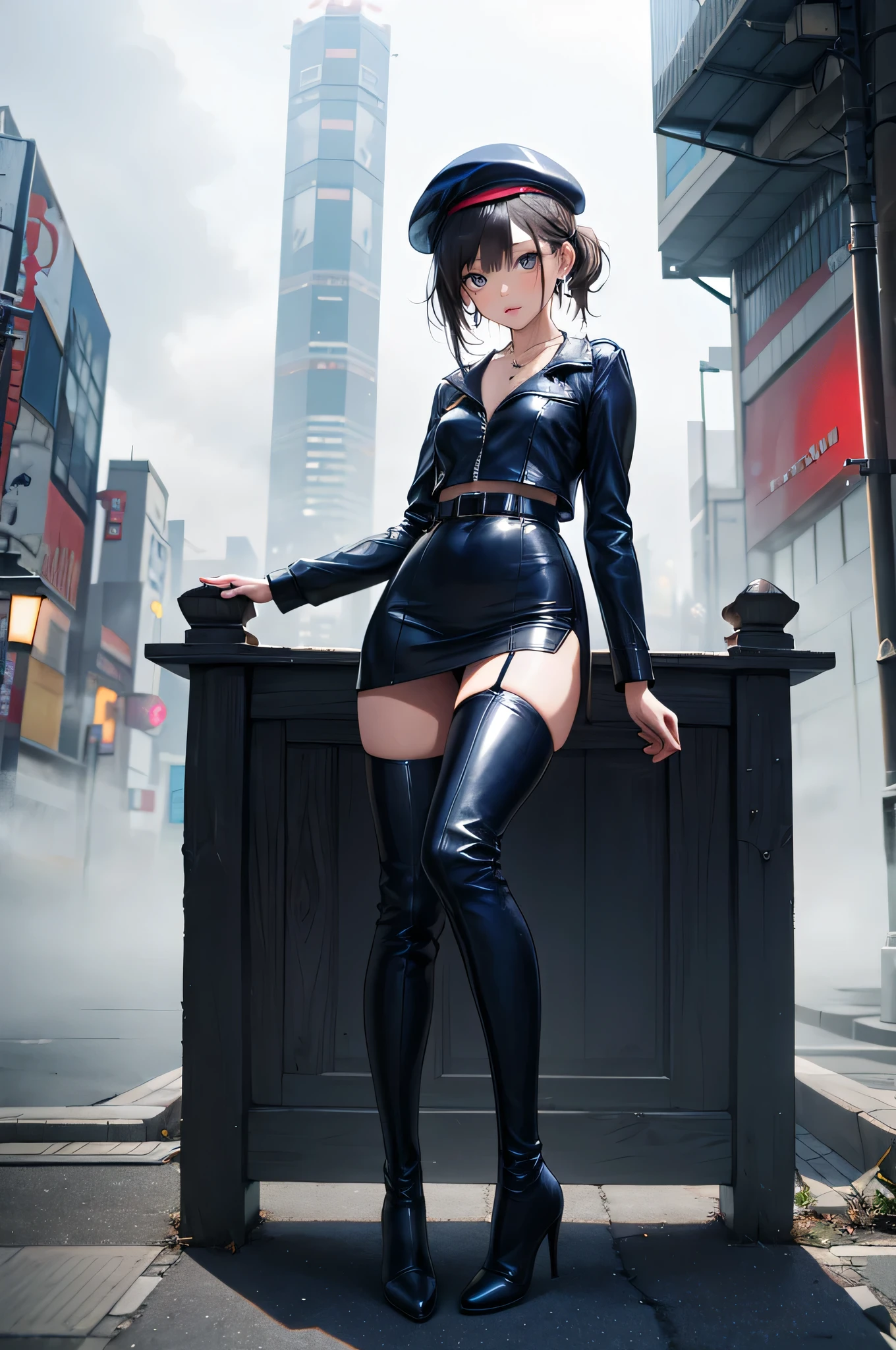 ((Biologically correct limb count, From head to toe,Full-body photo including face,4K,masterpiece,Focus on the face)),((Symmetrical facial features)),Eyes with detailed description,Beautiful woman,Great style,Beautiful arms,Beautiful legs,Beautiful Hands,(Small Ass,Thin thighs),Detailed depiction of the face,Small earrings,necklace,(Navy leather clothes,skirt((High heels,Thigh-high boots))),Fantastic photos,Shortcuts,Stand at an angle,Alluring,beret,(Outdoor,Tokyo in the early morning with thick fog;1.2)