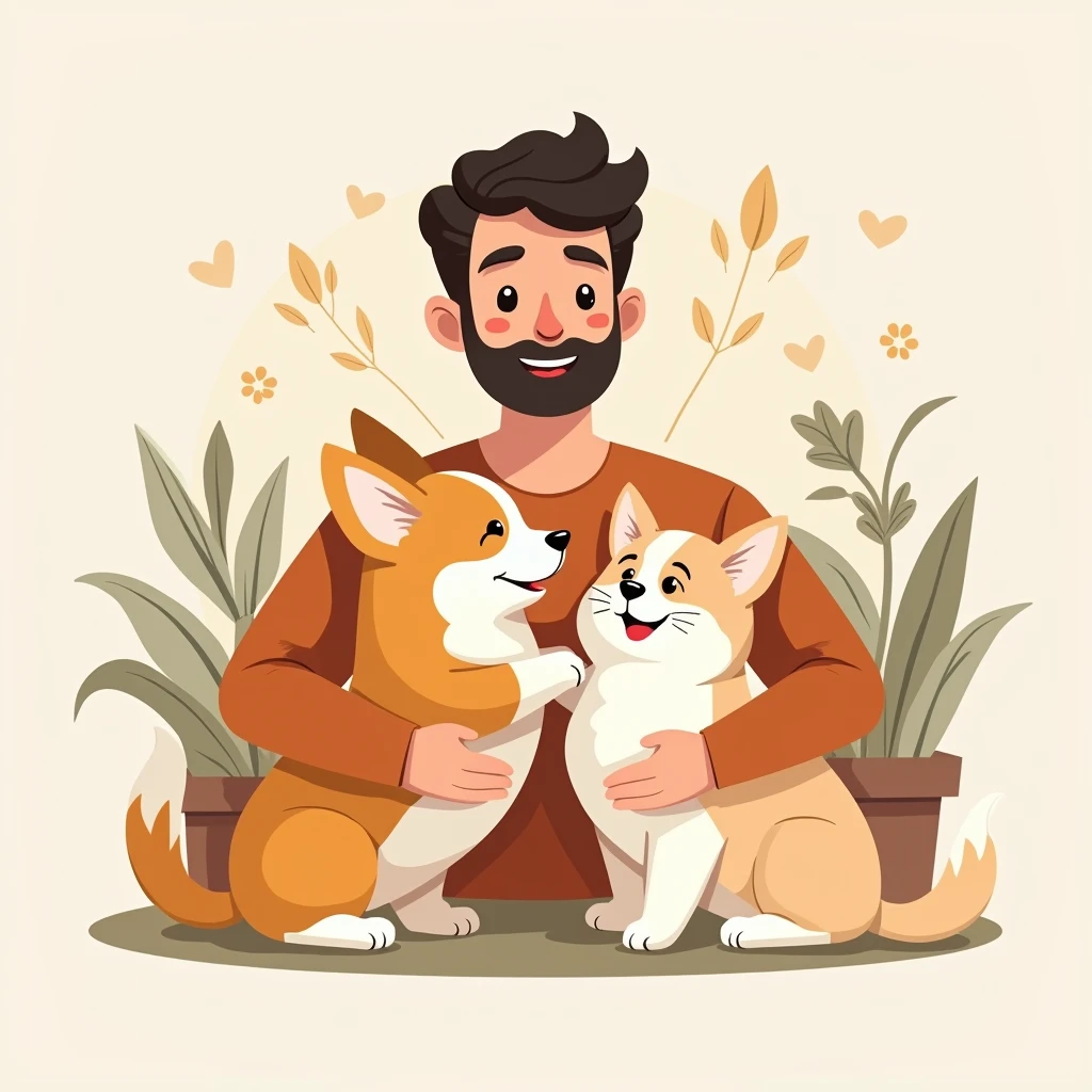 Create a logo with a man petting a corgi puppy and a ragdoll cat on his lap, illustration, logo design