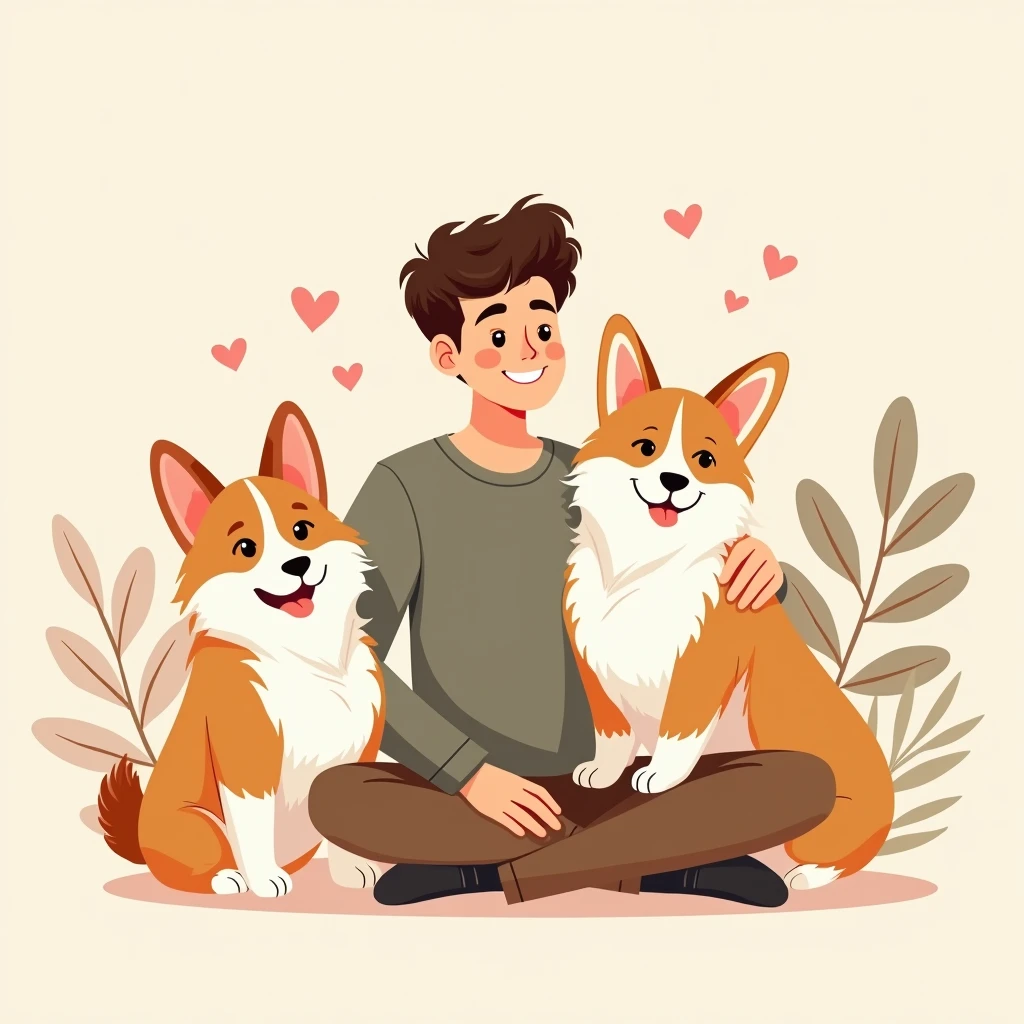 Create a logo with a man petting a corgi puppy and a ragdoll cat on his lap, illustration, logo design