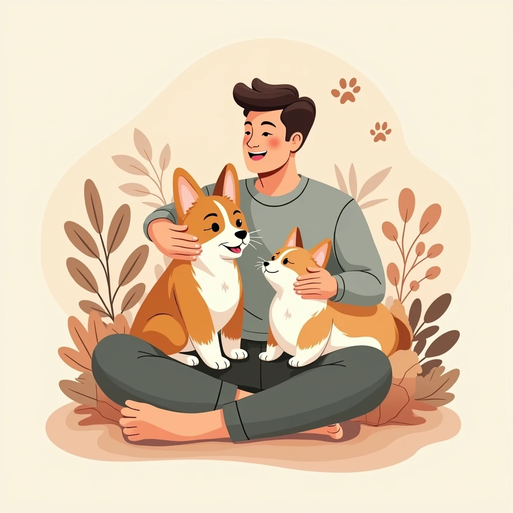 Create a logo with a man petting a corgi puppy and a ragdoll cat on his lap, illustration, logo design