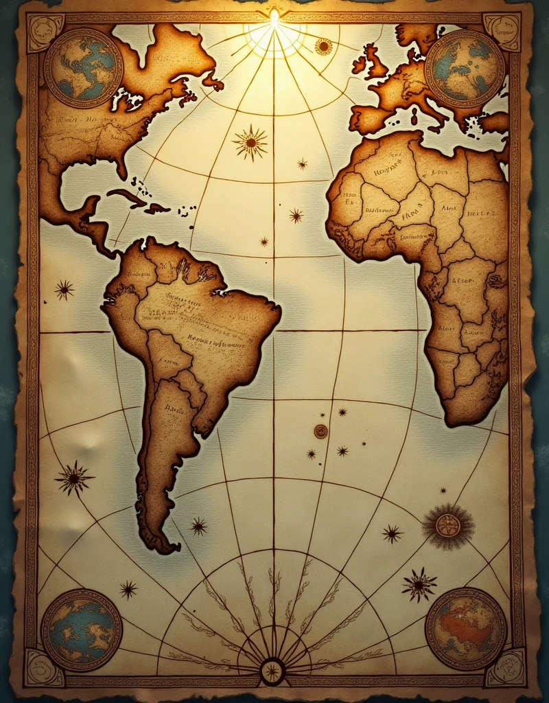 A beautifully detailed ancient map with mythical illustrations. The map should depict a mix of landmasses and oceans, showing old-style drawings with intricate borders and symbols of celestial objects like the sun and stars. The colors should be faded, as if the map is very old, with earthy tones of brown, beige, and muted gold. Above the map, a gentle light glows, suggesting a connection between the earth and the heavens.