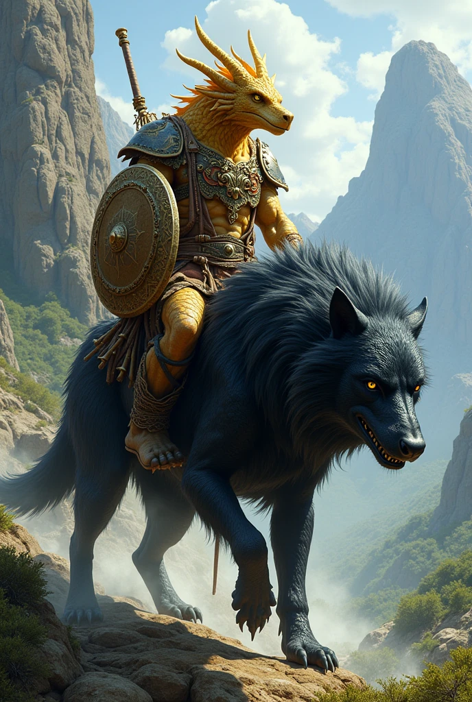 Create an image of a D character&D 5e dragonborn druid of golden scales who has a rapier made of bone and a shield of turtle shell as his druidic focus he wears clothes made of animal skins and bones and has draconic features, riding a black dire wolf with yellow eyes