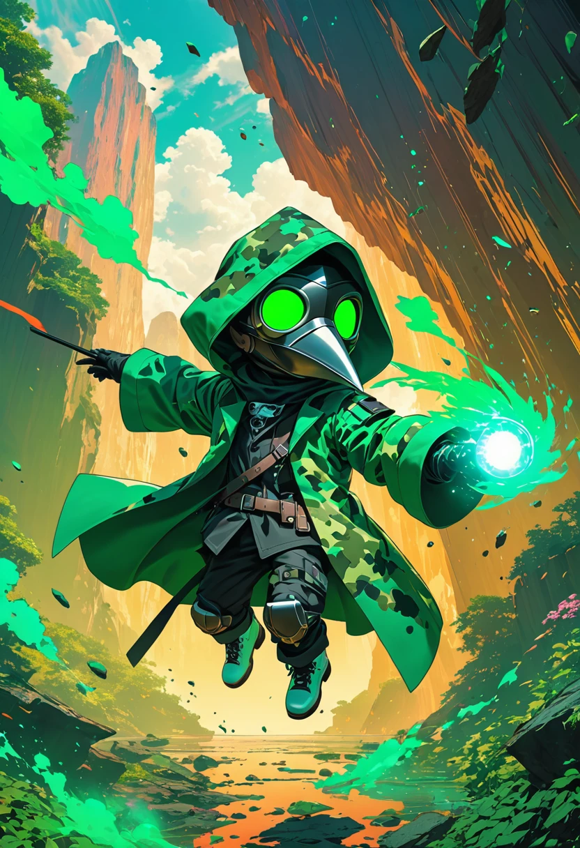 (masterpiece, best quality:1.1), (ultra highres, ultra-detailed:1.2),pop-art style,flatcolor, (he floating in air,sky high,(and use green aura from both hands)),Shockwave VFX,(in windy cliff), BREAK chibi-boy,((wearing plague-doctor costume,plague-doctor mask)),eyes glow green,green camouflage pattern hood and lab-coat, mecha arm,dynamic action,dynamic pose,floating,flying in the air,