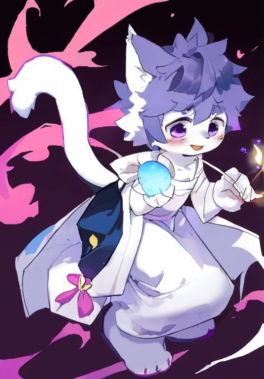 White male cat，boy，cute，Q version，Purple Eyes，Big furry tail，White fur，Magic，Magician Dress Up