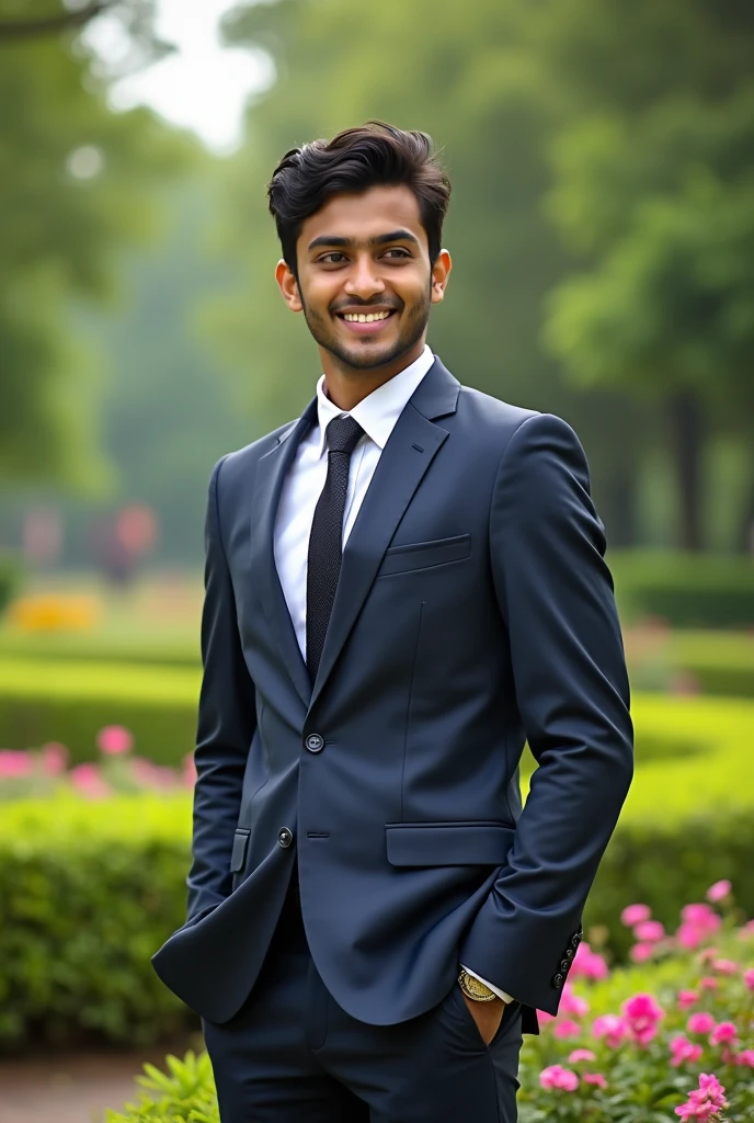17 year old Indian boy handsome wearing formals posing for Nadeem beautiful park in background