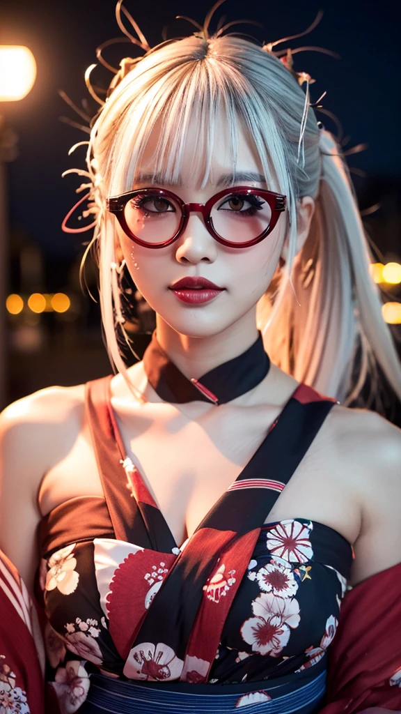 (yukata), (Highest quality), (Ultra-high resolution), (Realistic), Japanese, 1girl, (cute), (night sky), big fireworks, white hair, lipstick, eyeshadow, eyeliner, choker, ((red frame eyewear)), (Sweaty)