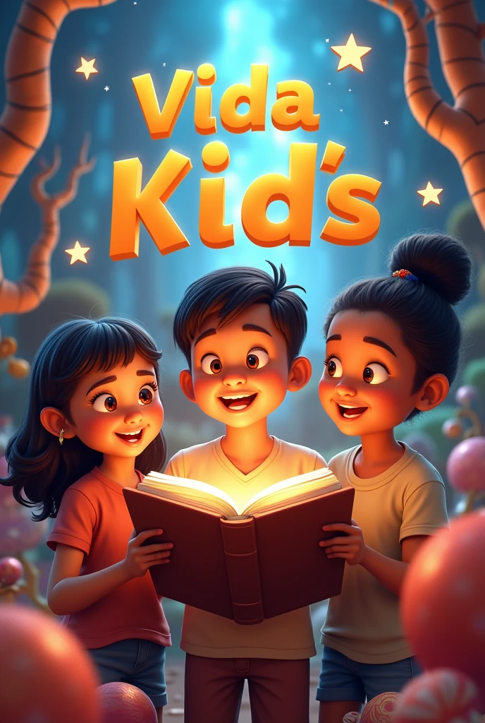 3D poster based on Disney/Pixar for worship with the name VIDA KID'S highlighted and happy children with the Bible in their hands