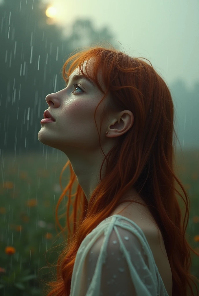 Redhead girl, age 25, close rosto, profile view. She has her face turned towards the sky, eyes locked. Heavy rain falling on your face, wetting your hair, face and clothes. Raindrops running down your face.Ao fundo ,O Sol.Provence. haze. 超detailded.  Provence. Foggy . High grain film. retro photography, David Hamilton Style. Analog photography. grainy. nymph.