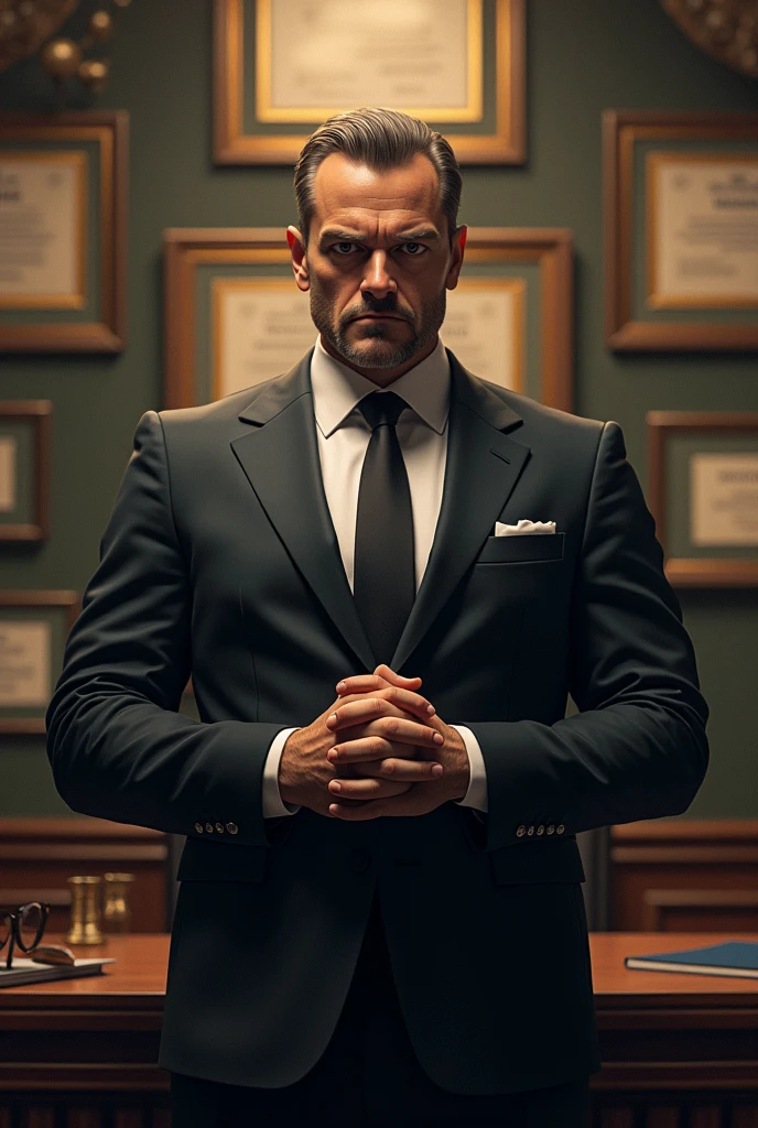 Professional who treats people badly and only cares about money, with a background full of diplomas and awards