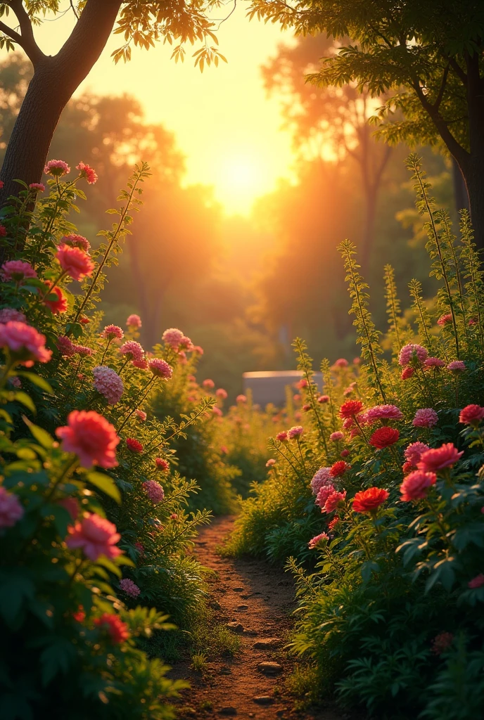 A vibrant and lush garden filled with blooming flowers and tall green plants, with the sun setting in the background, casting a warm golden light across the scene. The plants look healthy and well-tended.