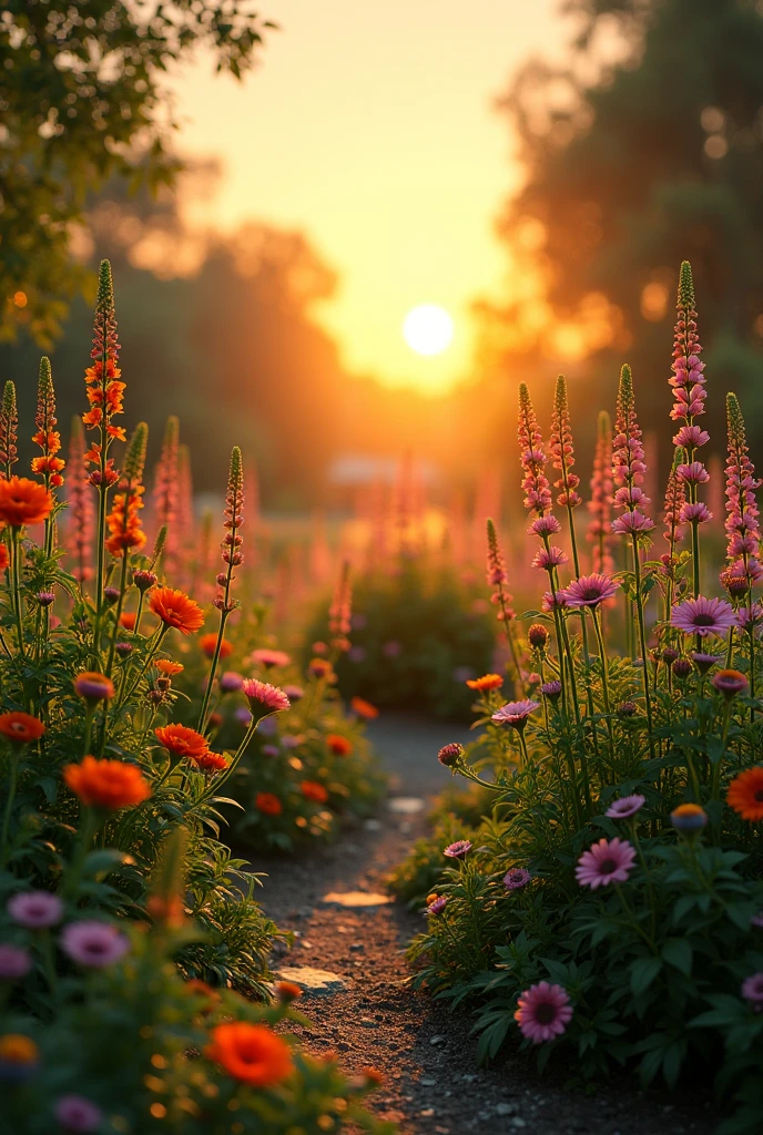 A vibrant and lush garden filled with blooming flowers and tall green plants, with the sun setting in the background, casting a warm golden light across the scene. The plants look healthy and well-tended.
