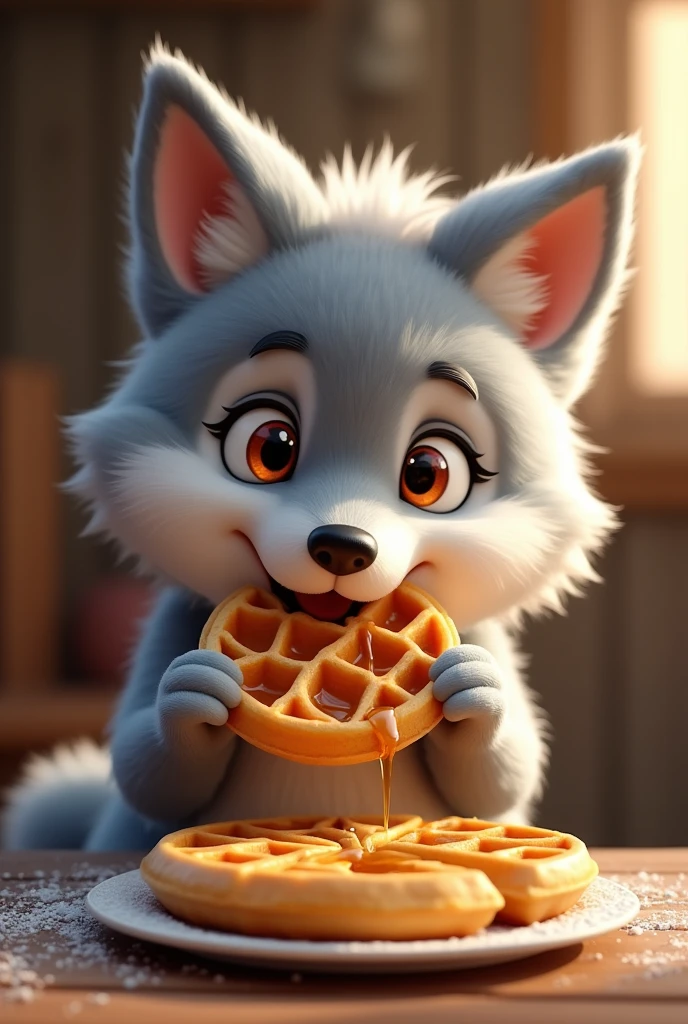 Cute wolf eating waffle