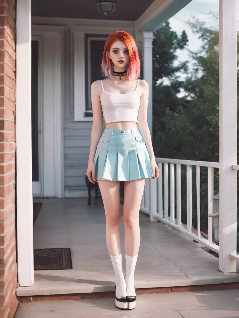 Front porch of suburban house, pastel goth, sexy goth girl, photo of cute 20 year old Italian redhead women, bare foot, short skirt, standing, full body picture, no lipstick, no tattoo, cinematic shot, hard shadows, photorealistic, cute face, looking at the viewer, photography, raw photo, white rainbow hair, detailed skin, sexy goth girl, face blush, front porch of suburban house, pastel goth, sexy goth girl, photo of cute 20 year old Italian redhead women, bare foot, short skirt, standing, full body picture, no lipstick, no tattoo, cinematic shot, hard shadows, photorealistic, cute face, looking at the viewer, photography, raw photo, white rainbow hair, detailed skin, sexy goth girl, face blush. Realistic, perspective, religious or mythological themes, highly detailed