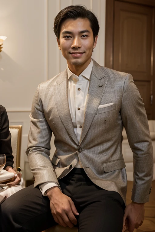 best quality, Masterpiece, High resolution, HD, super sharp face sitting , surreal, beauty, handsome guy without beard, rich asian couple, 2, stately and stylish, high end designer clothing, Smile, talent, at dinner, dance a part de two
