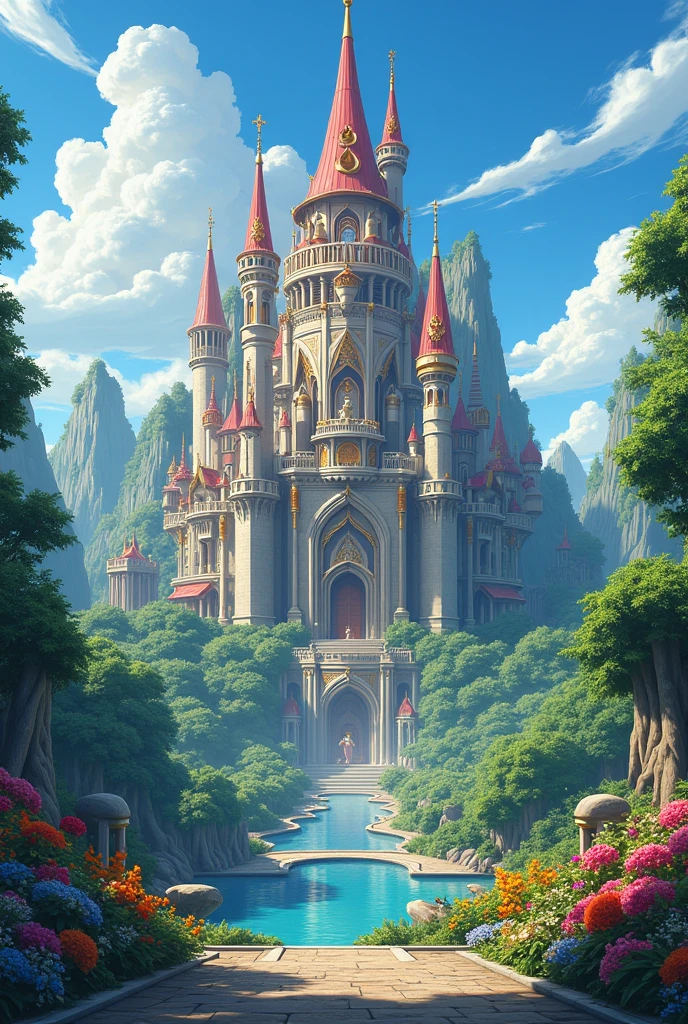an image (2D Breakdomain anime style),(in the 2D anime animation style of):(A Castle-Palace of 898 trillion 800 billion 687 million 289 thousand meters Dimensional: 1.5),(its Towers rise so tall as it seems to touch the sky),(and its halls are vast enough to house entire cities within its walls, each room is adorned with treasures and artifacts from different worlds, different worlds reflecting the grandeur and supreme divine power, a castle, a gigantic palace, extraordinary stylish handsome big and this castle palace is in the middle of a garden with more than 100 billion galactic meters and has fruits and animals and flowers and all kinds of wild things and the castle palace)