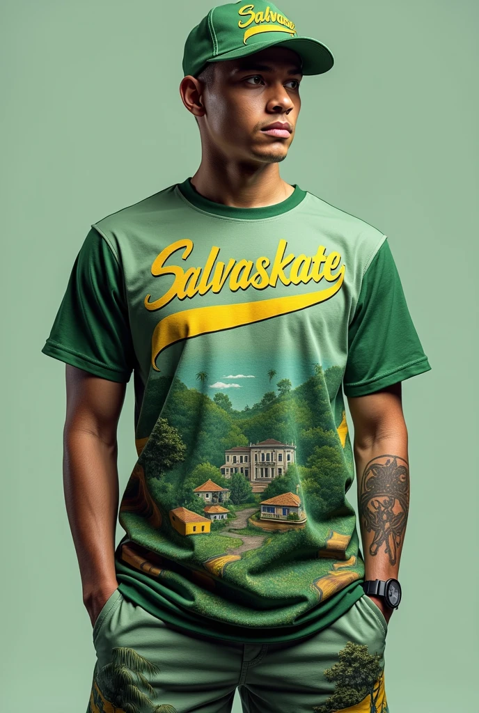 's uniform (cap, shirt and shorts) for a Skate project named "SalvaSkate" non-uniform writing.
The uniform may have references to favelas and the colors of a well-forested city park without mountains, but you can put favela hills and nothing related to water 
