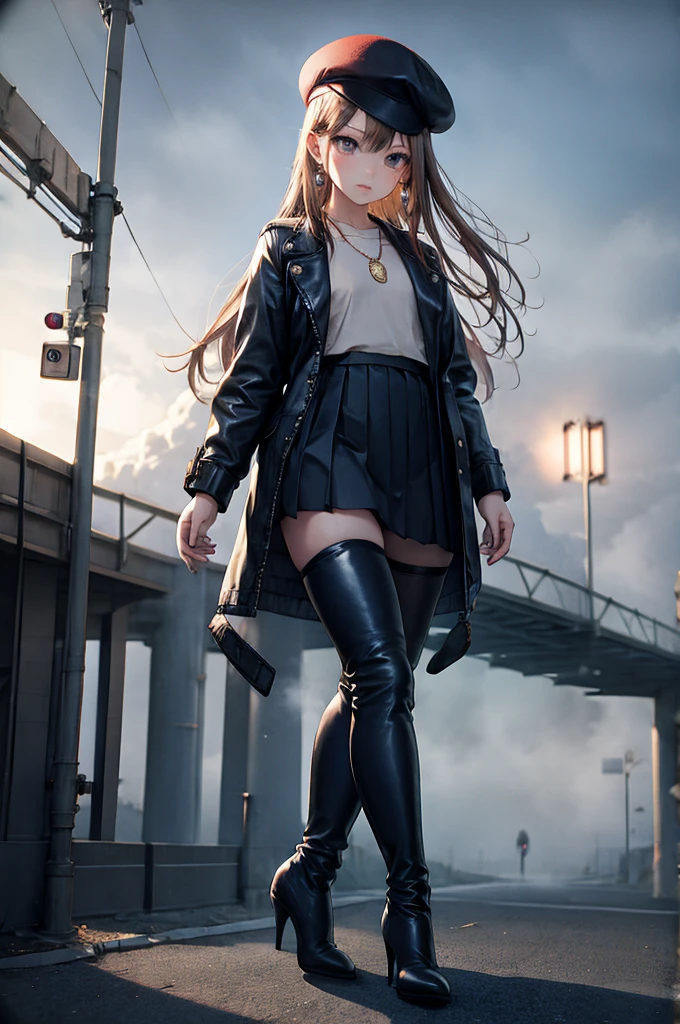 ((Biologically correct limb count, From head to toe,Full-body photo including face,4K,masterpiece,Focus on the face)),((Symmetrical facial features)),Eyes with detailed description,Beautiful woman,Great style,Beautiful arms,Beautiful legs,Beautiful Hands,(Small Ass,Thin thighs),Detailed depiction of the face,Small earrings,necklace,(Navy leather clothes,skirt((High heels,Thigh-high boots))),Fantastic photos,Shortcuts,Stand at an angle,Alluring,beret,(Outdoor,Tokyo in the early morning with thick fog;1.2),(More than one person:-1),walking