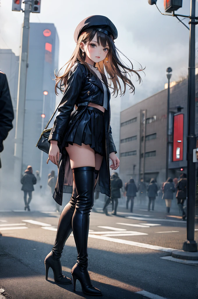 ((Biologically correct limb count, From head to toe,Full-body photo including face,4K,masterpiece,Focus on the face)),((Symmetrical facial features)),Eyes with detailed description,Beautiful woman,Great style,Beautiful arms,Beautiful legs,Beautiful Hands,(Small Ass,Thin thighs),Detailed depiction of the face,Small earrings,necklace,(Navy leather clothes,skirt((High heels,Thigh-high boots))),Fantastic photos,Shortcuts,Stand at an angle,Alluring,beret,(Outdoor,Tokyo in the early morning with thick fog;1.2)