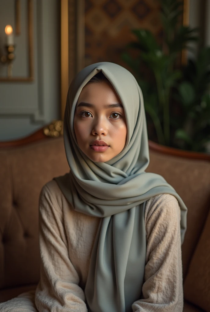 20 years old indonensian gir wear hijab, look at the viewer, realistic photograpy, sit on sofa in the decorative indoor studio, cinematic, hyper realistic, super detail, HD 8K.