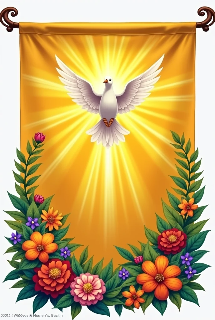 A flag that says: “House of Prayer” and below “Garden of Jehovah” with the Holy Spirit in the form of a dove in the center with a yellow background and flowers on the sides. In Spanish… the design of the flag should be horizontal, rectangle similar to those of the countries..