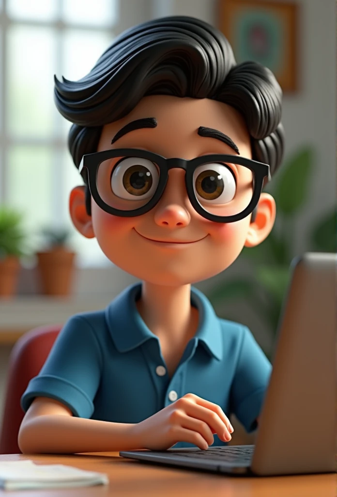 Male cartoon character wearing black glasses and a blue shirt, anime character, Stylized characters, Animation-style rendering, 3D stylized, Arnold Maya Rendering, 3D rendering style, toon render keyshot, 3D Characters, 3D Characters, 3D rendering style, 3D Charactersレンダリング, Cartoon characters, Close-up Character, Character pose, (Pixar Style) (Master Parts:1.2) (Bokeh) (Highest quality) (Fine skin) (Fine texture) (8k) (clay) (Cinema Lighting) (Sharp focus，Sit down and raise your upper body