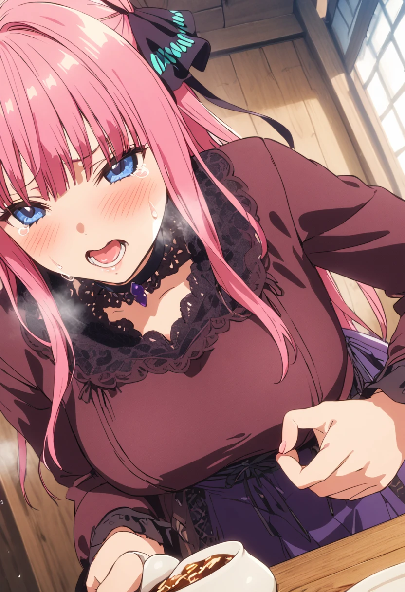 (Highest quality, 4K, 8k, High resolution, masterpiece:1.2), Very detailed, Picturesque, Animated Photography, Photo Animation:1.37)、Japanese schoolgirl、(Pink Hair)、(short hair)、(butterfly hair)、Black choker、storehouse、Fold your hands behind your body、Ecstasy face、Gothic ta Clothing、Sweat、Are crying、vapor、trembling、Nakano Nino
