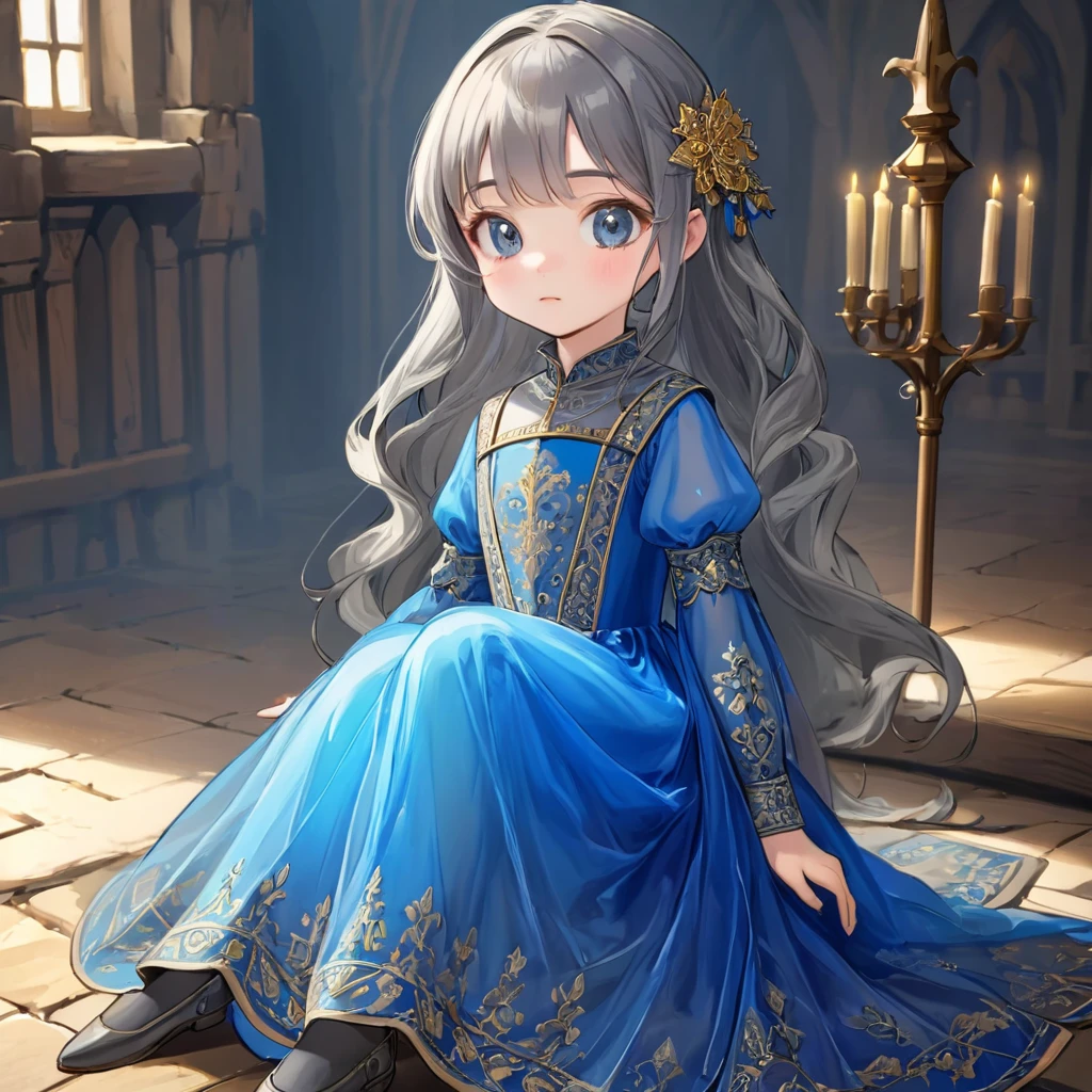 8 year old medieval girl, Medieval golden embroidery、Blue translucent long one-piece dress, gray translucent tights, realistic fabric, highest quality