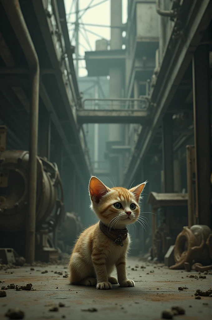 Orphan cat working as a labour in factory
