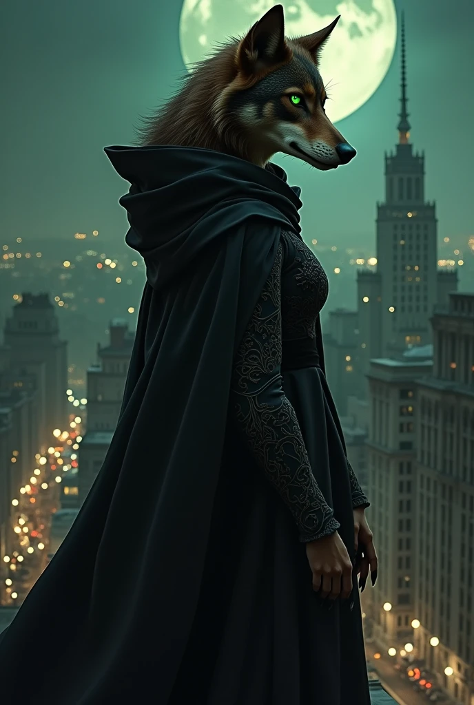 Mulher loba misteriosa de pelagem marrom escuro e olhoa verdes, trajando uma túnica preta de bruxa com capuz. Ela esta em cima do prédio de uma cidade grande anoite, observando escondido todos humanos abaixo.
