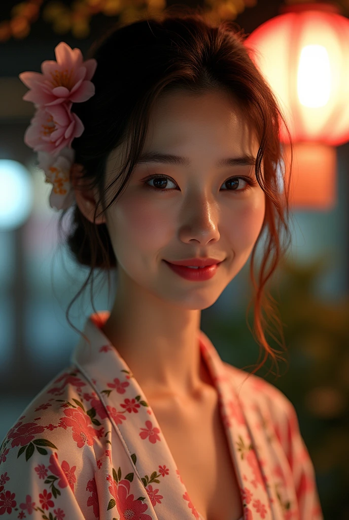 (masutepiece, Best Quality:1.4), Beautiful face, 8K, 85 mm, absurderes, (floral pattern yukata:1.4), The upper part of the body, Exposing breasts、 violaceaess, gardeniass, Delicate girl, Solo, Night, Looking at Viewer, Upper body, Film grain, chromatic abberation, Sharp Focus, face lights, Professional Lighting, Sophisticated, (Smile:0.4), cleavage, (Simple background, Bokeh background:1.2), Detail Face