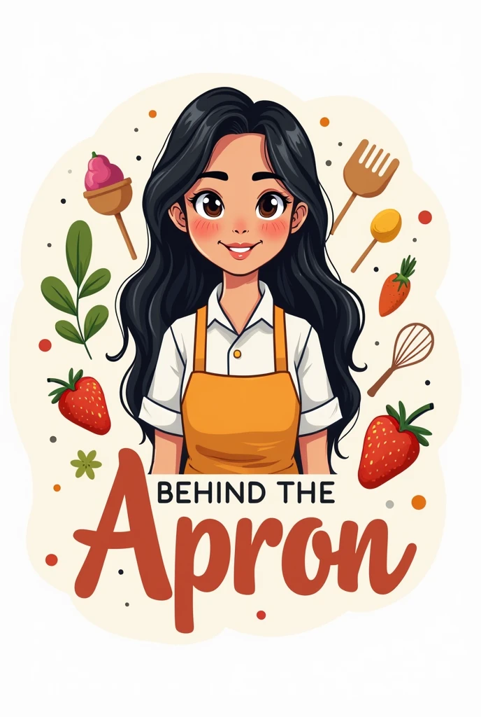 Create a logo for my Instagram food page of called “Behind The Apron “ . I am a girl with fair skin and black hair. Include a cartoon of myself